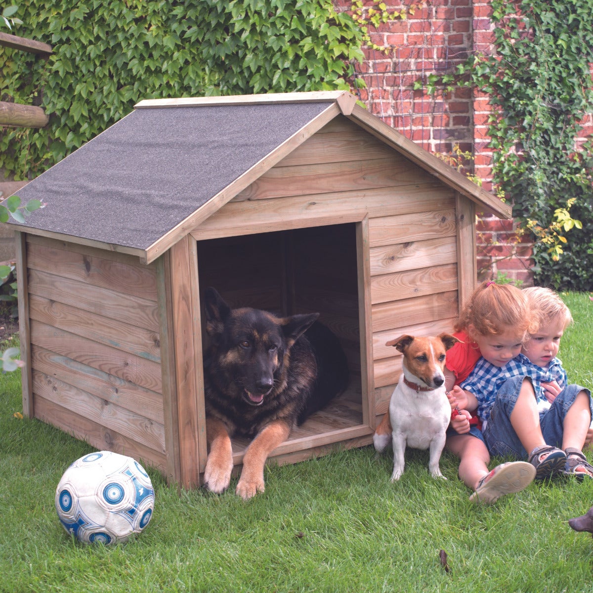Hondenhok Willow Puntdak met Dakleer Hout - Groot 120 x 114 cm