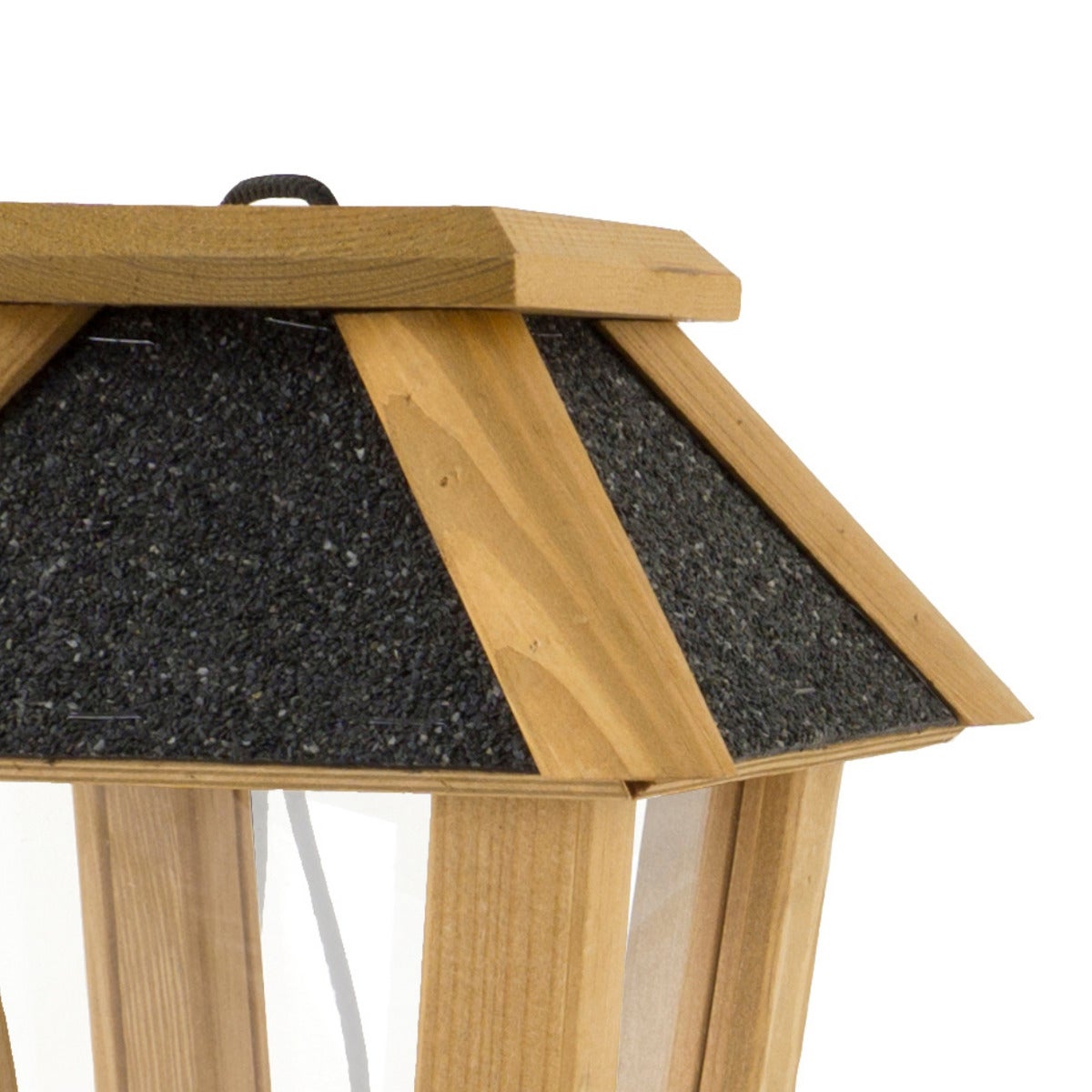 Vogelvoederhuis Hangend met Bitumen Dak en Ophangkoord – Naturel Eiken Kleur